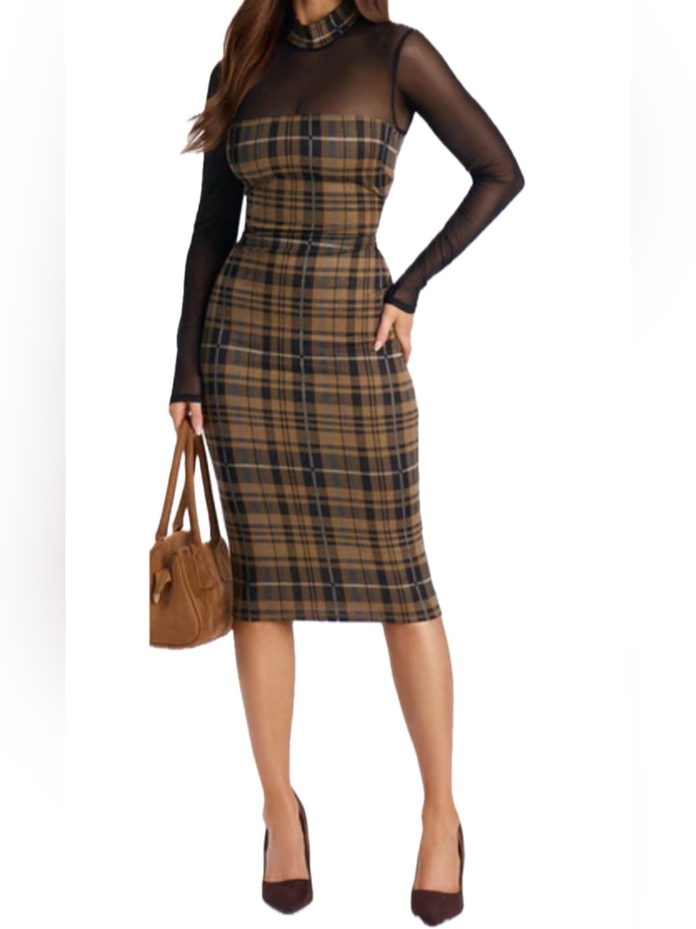 Fashion Nova Brown & Black Plaid Pencil Dress